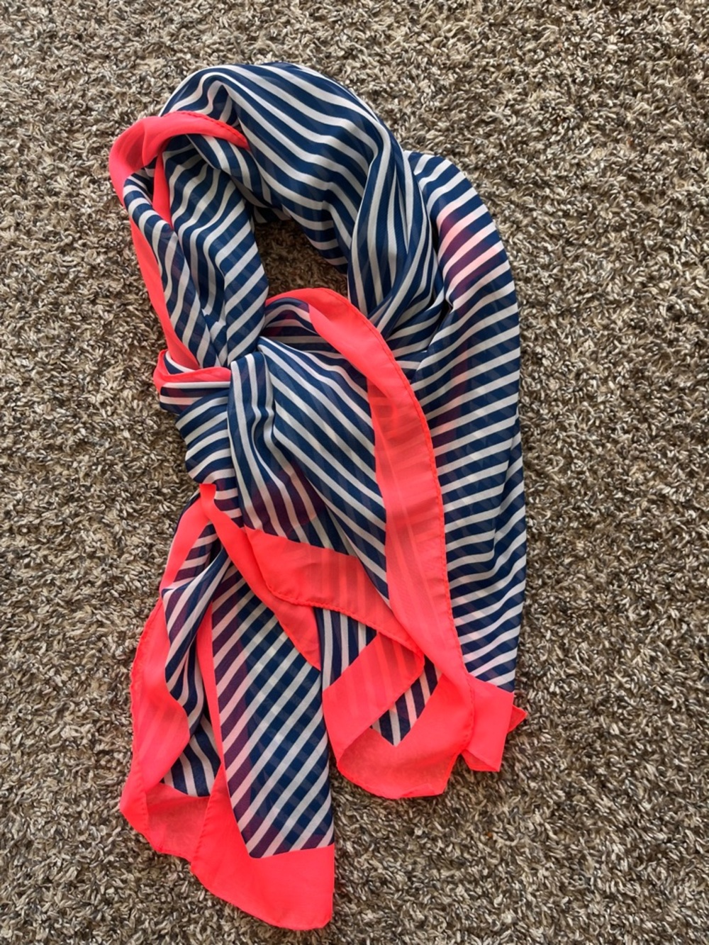 Navy & White Striped Scarf with Coral Trim/hot pinkish